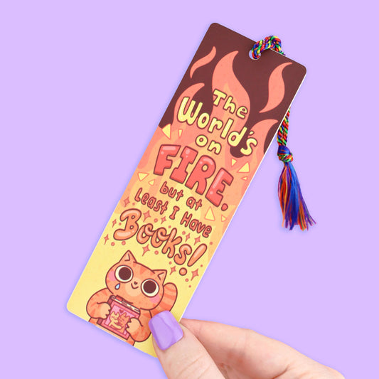 World’s On Fire, Cat, Anxious, Bookmark with Tassel